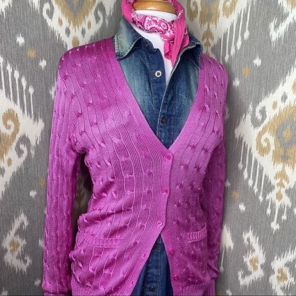 Ralph Lauren Fuchsia Silk Cable-Knit Cardigan Sweater - Picture 1 of 16